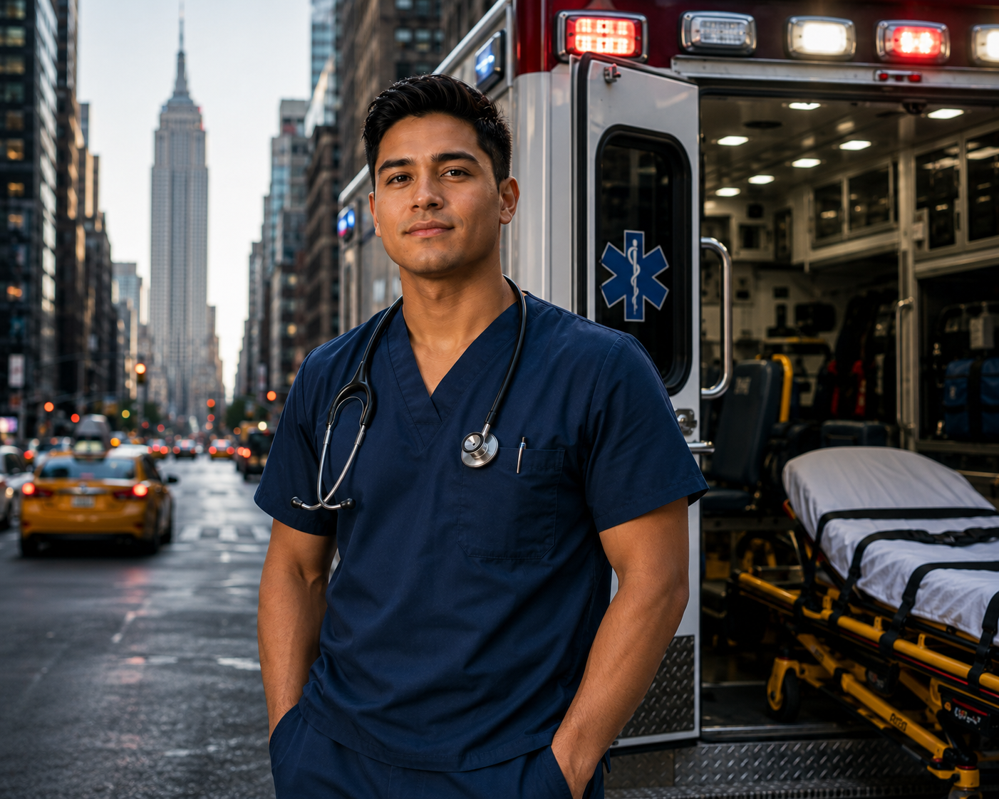 Healthcare professional beside an ambulance in New York City